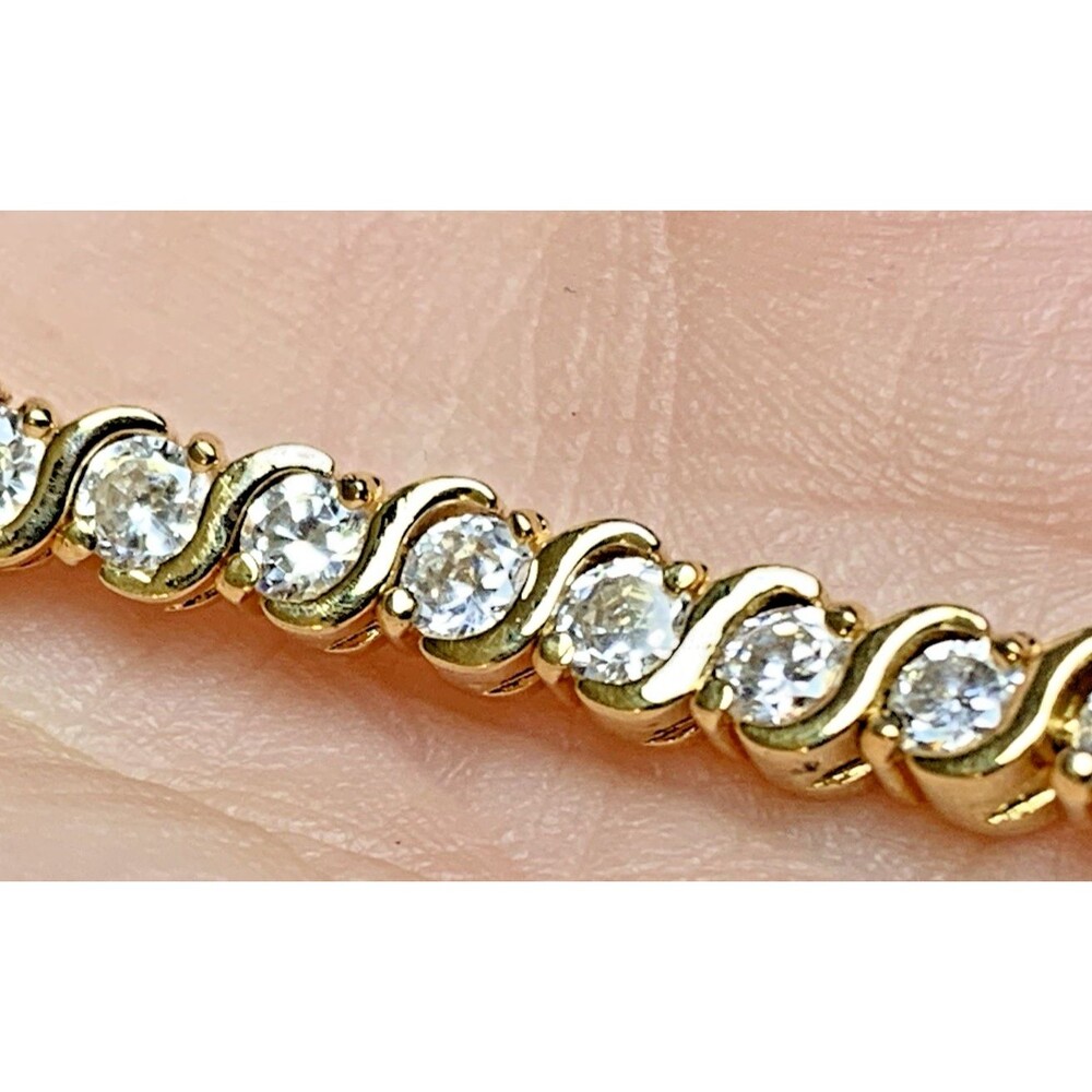 DBJ 925 Sterling Silver Gold Tone Tennis Bracelet CZ Prong Set 7" Vintage Signed - Picture 10 of 14